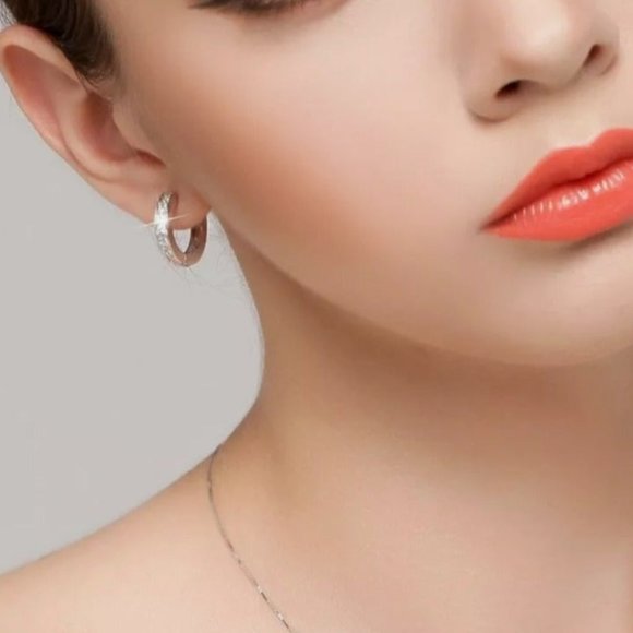 New 925 Silver Hoop Diamond Earrings - Picture 3 of 5